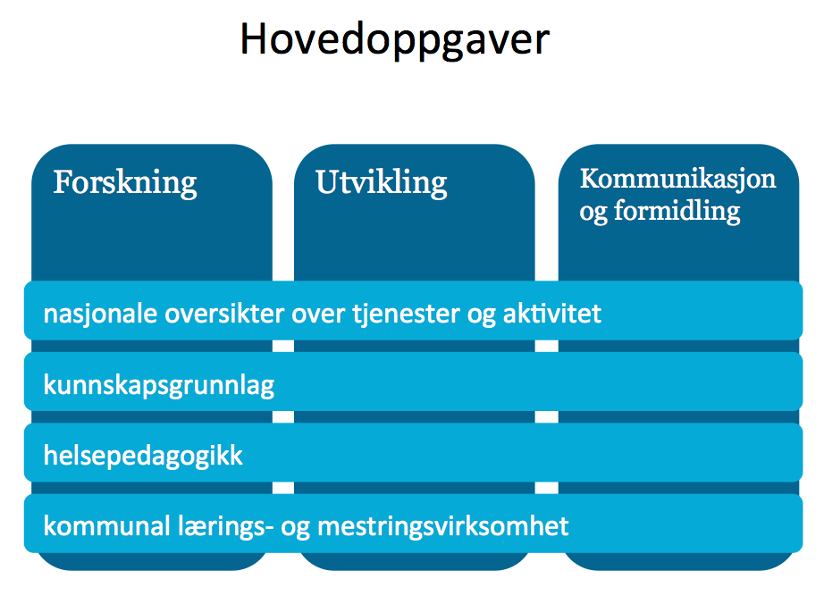 Fire overordnede satsingsområder for 2014–2018: nasjonale oversikter over tjenester og aktivitet / kunnskapsgrunnlag / helsepedagogikk / kommunal lærings- og mestringsvirksomhet.