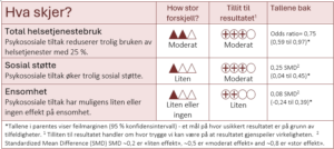Tabell som oppsummerer hovedfunnene: Total helsetjenestebruk Psykososiale tiltak reduserer trolig bruken av helsetjenester med 25 % (moderat tillit til resultatene). Sosial støtte Psykososiale tiltak øker trolig sosial støtte (moderat tillit til resultatene). Ensomhet Psykososiale tiltak har muligens liten eller ingen effekt på ensomhet (liten tillit til resultatene). 